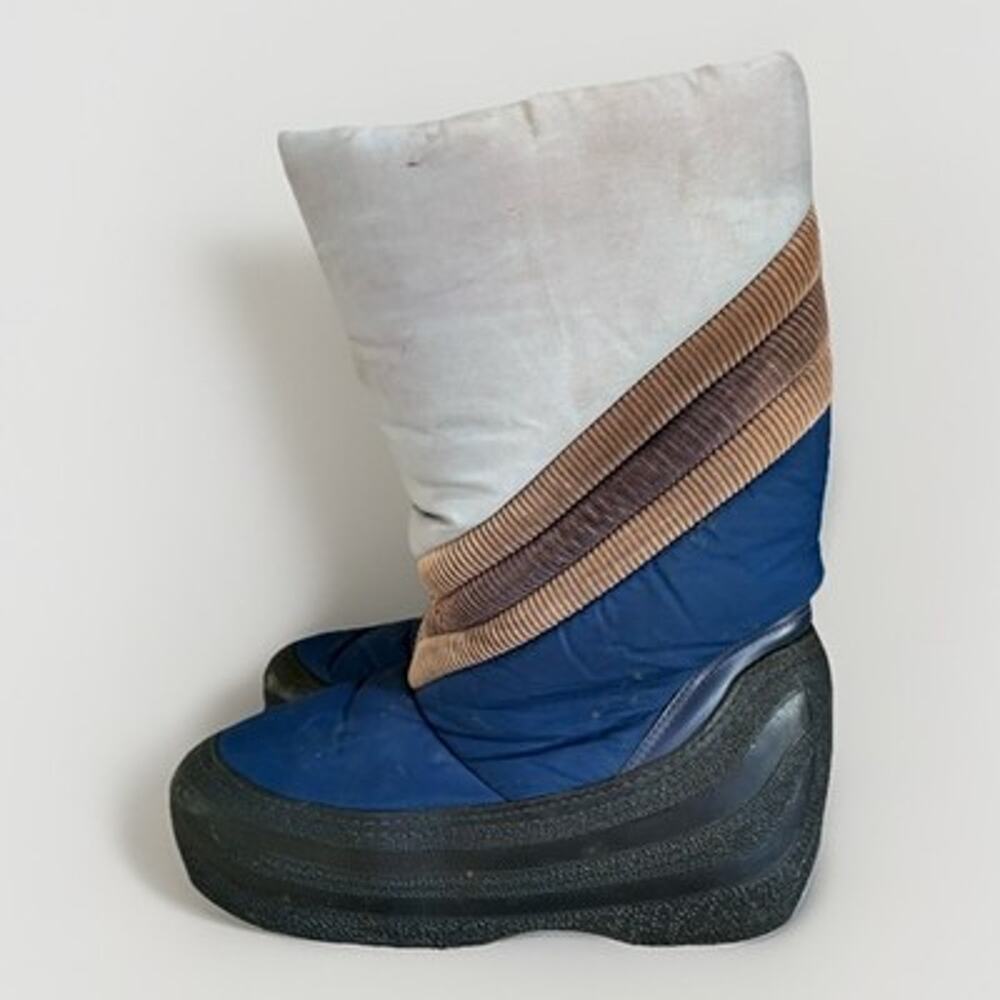 Vintage 70s 80s Apres Ski Puffy Moon Snow Boots 9 10 Gray Brown Corduroy Blue